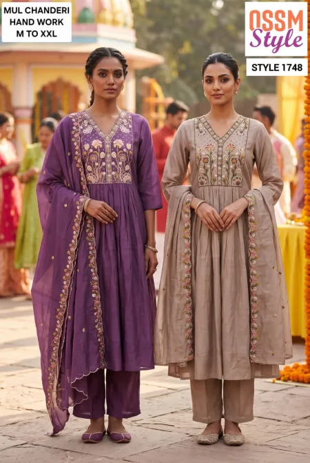 1748 By Ossm Style Mul Chanderi Kurtis Set Size Combo 